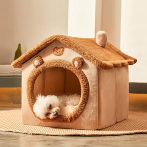 Jiupety Cute Small Dog House Indoor, Foldable Dog House Kennel Bed Mat with Cushion, L Size Dog Tent Up to 31 lbs Dog, Brown